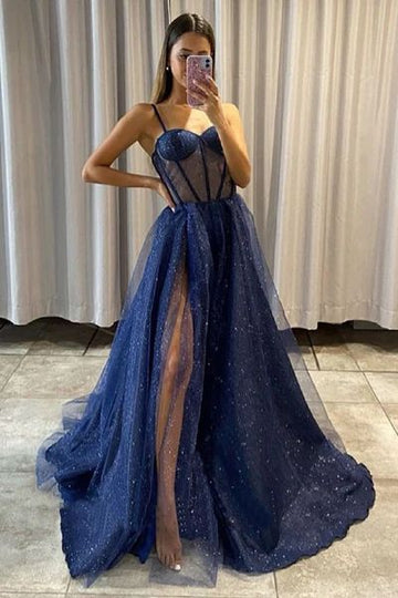 Sexy Sparkle Spaghetti strap Navy Blue A-line Princess Tulle Prom Dress HZ1023